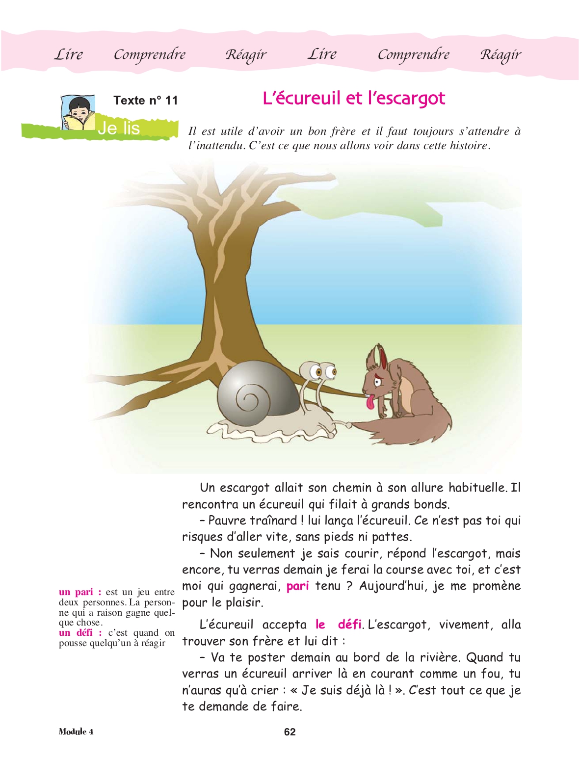 Page 62 du manuel : début du texte « L'écureuil et l'escargot »